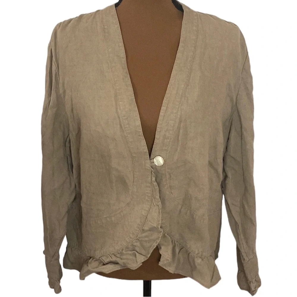J Jill one button ruffled relaxed jacket linen lagenlook in tan